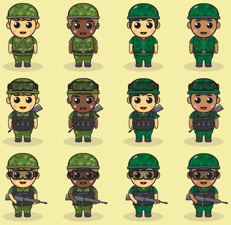 Cute Boy Army cartoon bundle. flat boy cartoon character design. Soldiers Isolated vector illustration.のイラスト素材