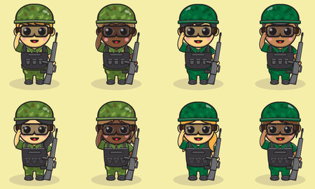 Vector illustration of Cute Soldier cartoon Salute pose and holding gun. flat cartoon character design. Set of soldiers. Cute Army cartoon.のイラスト素材