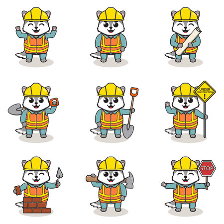 Vector illustration of Wolf character at construction site. Construction workers in various tools. Cartoon Wolf characters in hard hat working at building site vector.のイラスト素材