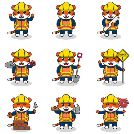 Vector illustration of Tiger character at construction site. Construction workers in various tools. Cartoon Tiger characters in hard hat working at building site vector.のイラスト素材
