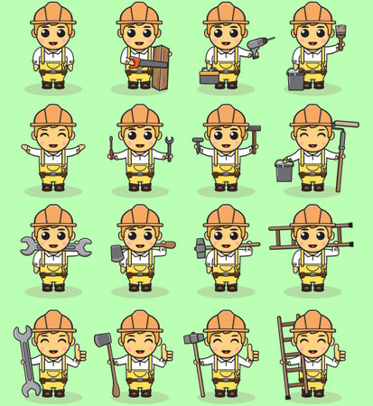 Vector Cartoon illustration of cute Handyman cartoon bundle. Boy Construction Workers with Professional Tools Set. Children's illustration. Flat Cartoon Style.のイラスト素材