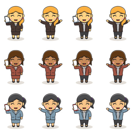 Vector Cartoon illustration of Cute business woman creation character in uniform suit. cartoon business people style. set of funny cartoon office worker.のイラスト素材