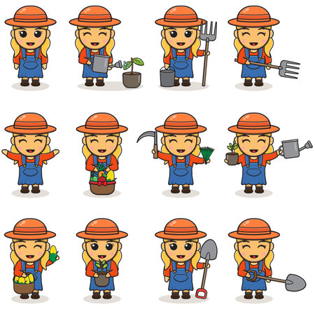 Vector illustration of Cartoon young Girl farmer. Cute cartoon farmer character.のイラスト素材