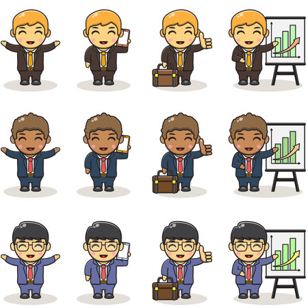 Set of funny cartoon office worker. Cute businessman creation character in uniform suit. cartoon business people style. Vector illustration flat design isolated on white backgroundのイラスト素材