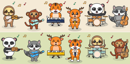 Cartoon Forest animal play music band. Sloth, Monkey, tiger, deer, panda and raccoon. Illustration set with different animals. Animals playing music instruments.のイラスト素材