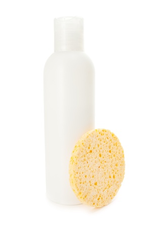 Blank bottle with sponge on white backgroundの写真素材
