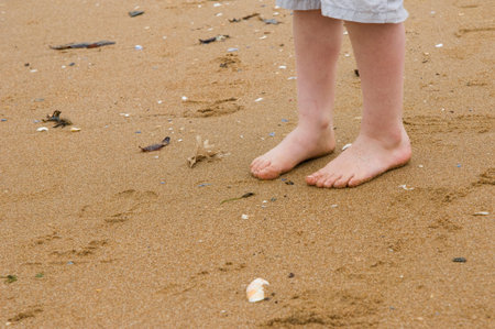 little boy s bare feet standing on a beach