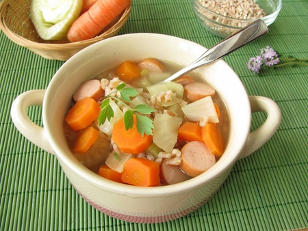 Vegetable stew with spelt and sausageの写真素材