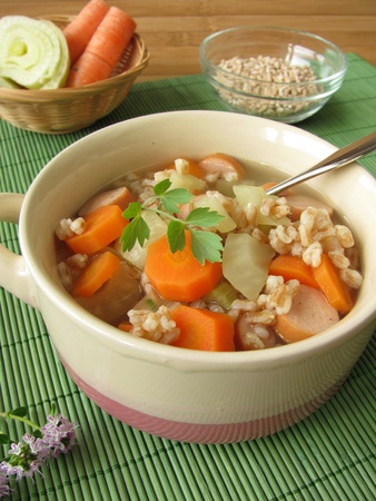 Vegetable stew with spelt and sausageの写真素材