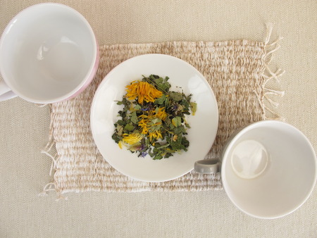 Herbal tea mix and empty cupsの写真素材