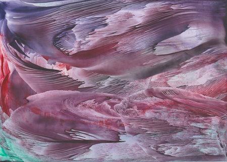 Encaustic with waves and textured effect in blue, red and violet painted with a painting ironの写真素材