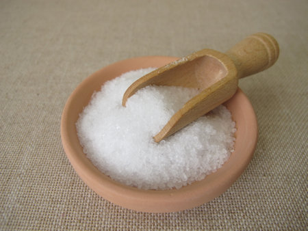 Epsom salt: bath salt in a ceramic bowlの写真素材