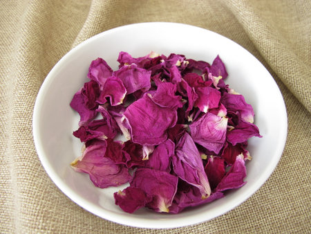 Dried rose petals from the beach rose in a porcelain dish, Rosa rugosaの写真素材