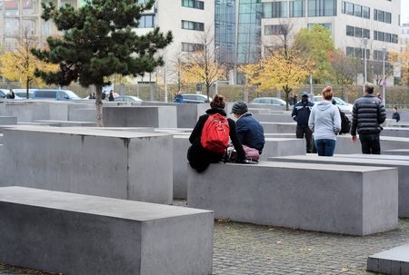 BERLIN, GERMANY - October 30, 2014: Tourists at the Holocaust Memorial in Berlinのeditorial素材