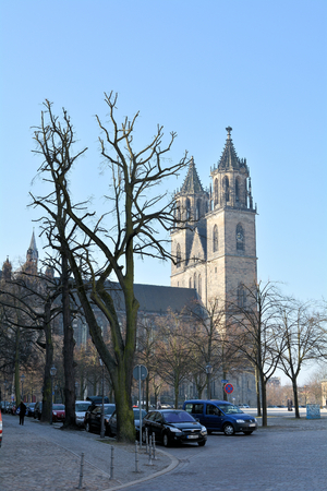 MAGDEBURG, GERMANY - MARCH 18, 2015: city view with the Magdeburg Cathedral in the old town of Magdeburgのeditorial素材