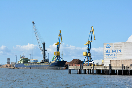 WISMAR GERMANY August 26 2014: Cranes at the port of the old town of Wismar on the Baltic Seaのeditorial素材