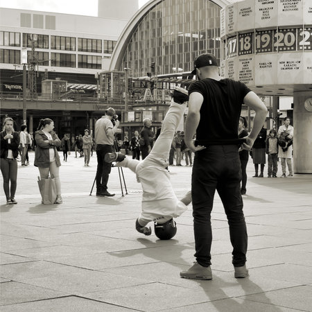 BERLIN, GERMANY - MAY 20, 2015: breakdancer on the Alexanderplatz in Berlin city centerのeditorial素材