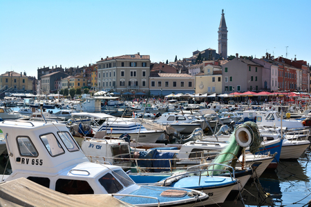 Rovinj, Croatia - July 14, 2015: Boats in the harbor town of Rovinj in Croatiaのeditorial素材