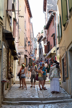 Rovinj, Croatia - July 14, 2015: Tourists in the old town of Rovinj in Croatiaのeditorial素材