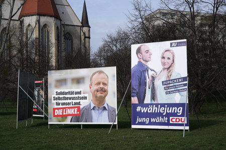 MAGDEBURG, GERMANY - FEBRUARY 19, 2016: campaign placards of Several parties for the state election in Saxony-Anhalt on 13 March 2016 the city of Magdeburg in Germanyのeditorial素材