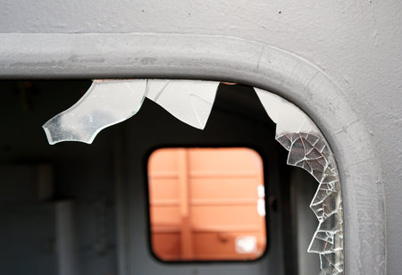 destroyed window of a railway carriage