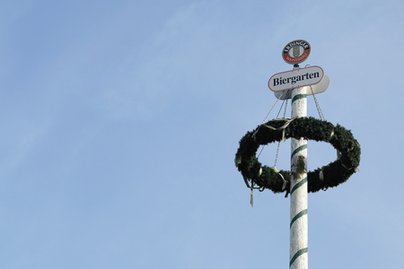 MAGDEBURG, GERMANY "November 23, 2016: Maypole of the brewery Erdinger at a beer garden on the banks of the river Elbe in Magdeburgのeditorial素材