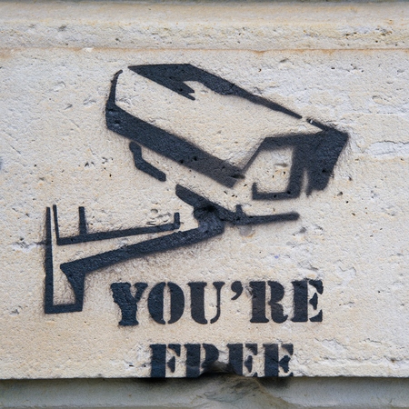 BERLIN, GERMANY - AUGUST 07, 2017: Graffiti as a protest against video surveillance in Berlin on a house wall.のeditorial素材