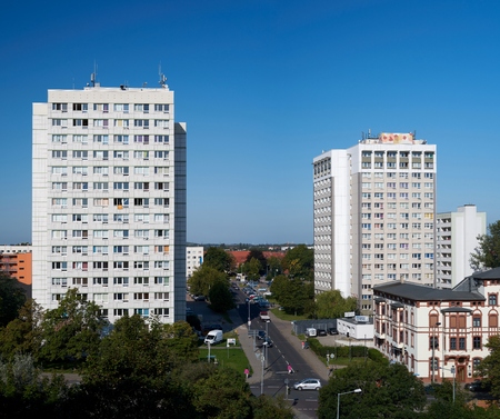 MAGDEBURG, GERMANY - AUGUST 28, 2017: Cityscape of Magdeburg with two marked residential buildingsのeditorial素材
