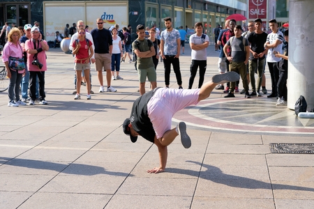BERLIN, GERMANY - AUGUST 08, 2017: Breakdancers entertainers from all over the world with a performance at Alexanderplatz in the center of the cityのeditorial素材