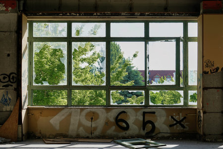 View through a window at an abandoned factory in Magdeburg in Germany