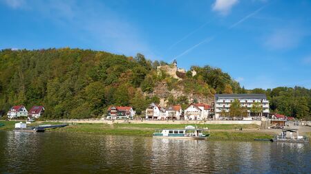 RATHEN, GERMANY - OCTOBER 04, 2018: Ferry Traffic at the Rathen Resort at the Elbe Sandstone Mountains in the Saxon Switzerlandのeditorial素材