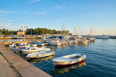 POREC, CROATIA - JULY 17, 2018: Ships in the port of Porec on the Adriatic coast in Croatia. Porec is one of the most popular port cities in Croatia.のeditorial素材