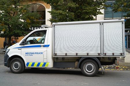 PRAGUE, CZECH REPUBLIC - OCTOBER 02, 2019: Police car during a city center operation in the Czech Republicのeditorial素材