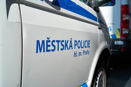 Police car during a city center operation in the Czech Republicの写真素材