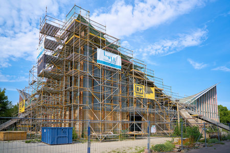 MAGDEBURG, GERMANY - AUGUST 01, 2020: Renovation of the famous listed building Hyparschale in the...