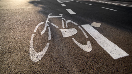 Marking for a cycle path on a road in Swinoujscie, Poland
