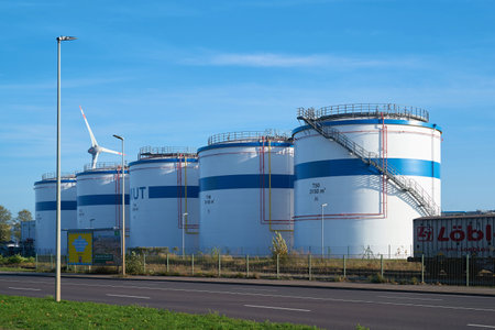 MAGDEBURG, GERMANY - NOVEMBER 12, 2020: Fuel storage in a commercial area in the port of Magdeburgのeditorial素材