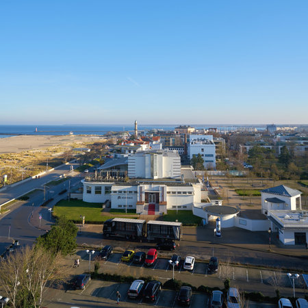 Warnemuende, Germany - January 17, 2020: Panorama of coast and lighthouse of Warnemuende town on German Baltic Sea coastのeditorial素材
