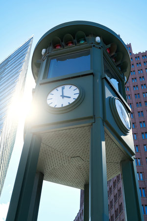 clock at Potsdamer Platz in Berlin. It is also the first traffic light in Berlin.