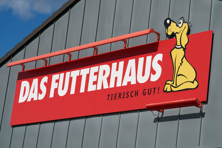 Magdeburg, Germany - April 25, 2021: Advertising sign of a branch of the pet food and pet supplies specialist Futterhaus in Magdeburg in Germanyのeditorial素材