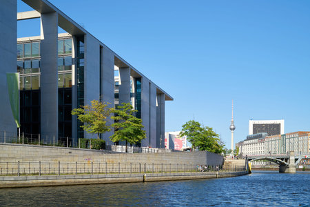 Berlin, Germany - May 31, 2020: Government district in Berlin with the Marie-Elisabeth-Lueders-Haus at the river Spree and the television tower in the backgroundのeditorial素材