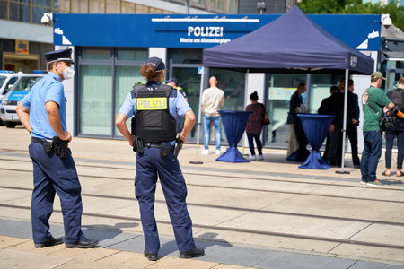 Berlin, Germany - July 15, 2021: Police presence in front of the mobile police station on...