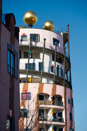 Magdeburg, Germany - February 27, 2022: Detail of the Hundertwasserhaus in Magdeburg, the last project of the architect Hundertwasser, taken from a public street in the city centerのeditorial素材