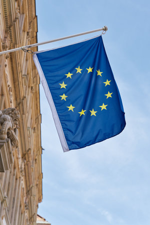 European flag on a building in the city of the European Parliament in Strasbourg, Franceの写真素材