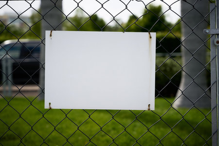Blank white sign on chain link fence with green grass in backgroundの写真素材