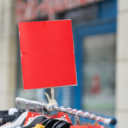 Empty red blank sign with text space in front of a shopの写真素材