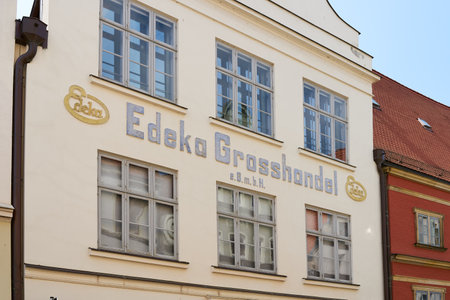 Wismar, Germany â May 26, 2023: historical building of one of the first stores of Edeka Grosshandel eGmbH in the old town of Wismar in Germanyのeditorial素材