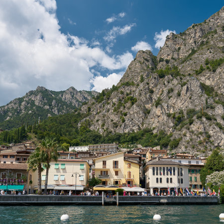 Limone Sul Garda, Italy â July 31, 2023: View of the old town of Limone Sul Garda on Lake Garda in Italy from the waterのeditorial素材