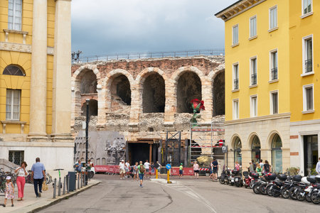 Verona, Italy â August 01, 2023: Side view of the Roman arena in Verona, Italy, now used as an event venueのeditorial素材