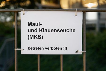 Sign with the German inscription Maul und Klauenseuche, gehen verboten. Translation: Foot and mouth disease, no trespassingの写真素材